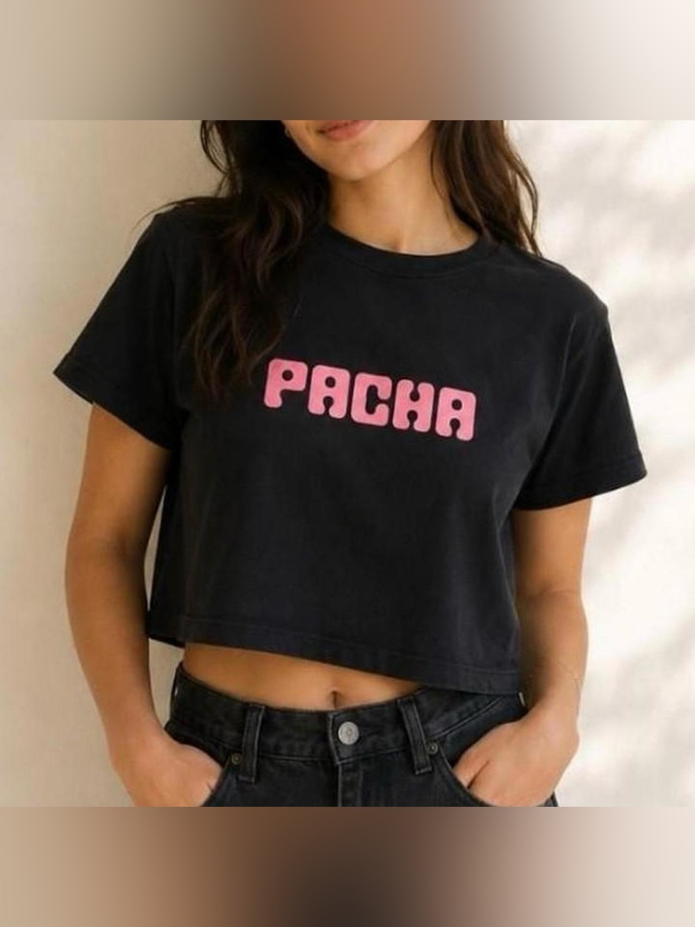 PACHA Black Crop Tee with Pink Logo Size S